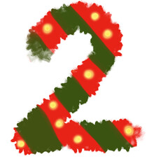 Numbers 0-9 inspired by Christmas with red and green symbols and lights.