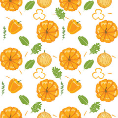 Seamless pattern of pumpkins, onions, lettuce, and fruits. Creative texture for fabric, packaging, textiles, wallpaper, and clothing. Vector illustration for kids. Cute fruit background.