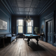 interior of a games room blue and black colour scheme
