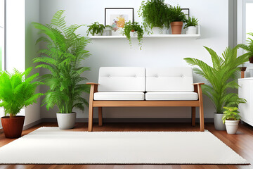 Chair on carpet beside bench with plants in white loft interior with wooden sofa. 3d illustration.