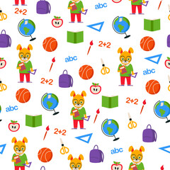 Seamless school pattern. Rabbit student, backpack, ruler, apple, book, brush, scissors, globe, basketball, numbers and letters. Vector graphic.