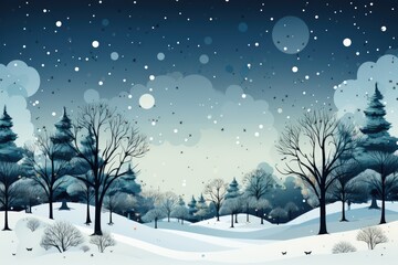 A snowy landscape with trees and snow. Copy-space, place for text. Winter holiday greeting card.