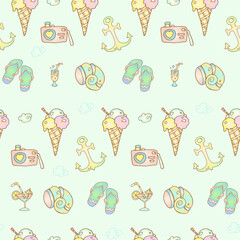 Seamless vector pattern - ice cream, photo camera, sea shells, cocktails. Vacation mood. Sweet summer.