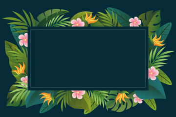frame with tropical leaves and flowers