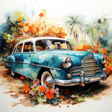 Watercolor vintage car and palm trees. AI generative.