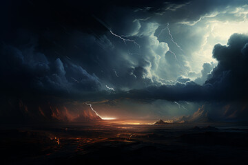 Thunderstorm dramatic cloud, storm in the mountains. Natural disaster illustration