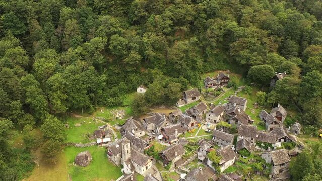 Aerial video of the historic village of Sonlerto, Cevio, Valle Maggia, Canton Ticino, Switzerland
