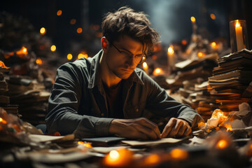 A writer sitting at a desk, surrounded by books and papers, deep in thought as they compose their next masterpiece, illustrating the freedom of expression through written words. Generative AI
