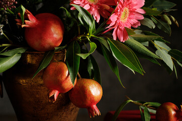 Festive bouquet of pomegranate flowers and fruits, jewish new year concept - rosh hashanah.