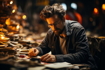 A writer sitting at a desk, surrounded by books and papers, deep in thought as they compose their next masterpiece, illustrating the freedom of expression through written words. Generative AI