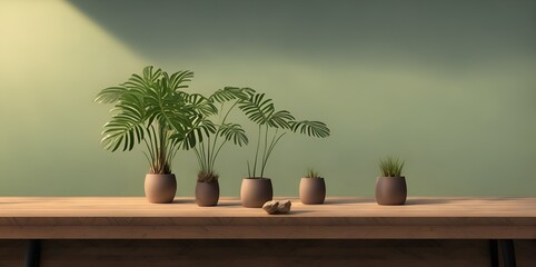 Little  podiums on a wooden surface,  beautiful green wall.