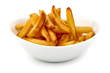 Deep Fried French fries, potato fry, close-up, isolated on white background.