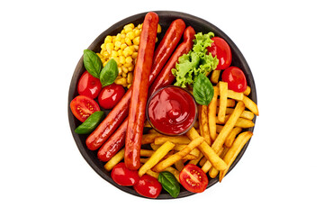BBQ Roasted pork sausages with french fries, close-up, isolated on white background.