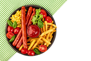 BBQ Roasted pork sausages with french fries, close-up, isolated on white background.