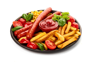 Roasted sausages with french fries, close-up, isolated on white background.