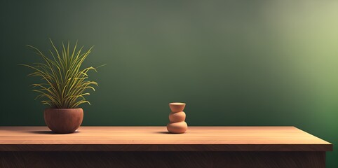 Clean surface with a fern plant on left side on podium and greenery wall for product photography. 