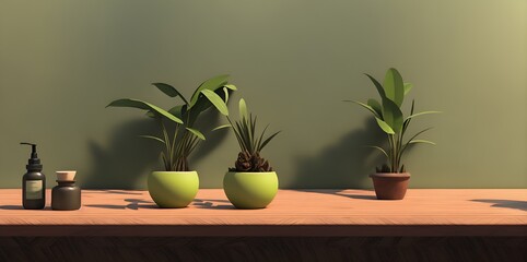 Plants on the wooden table with light and shadow concept