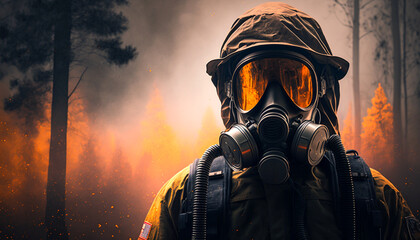 Firefighter on the background of a fire in the forest. Generative AI