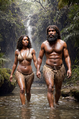 homo sapiens neanderthalensis prehistoric couple illustration, generative ai - obrazy, fototapety, plakaty