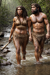 homo sapiens neanderthalensis prehistoric couple illustration, generative ai