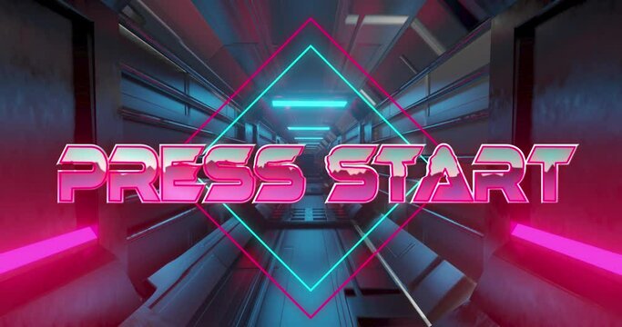 Animation of press start text over neon banner against grey tunnel in seamless pattern