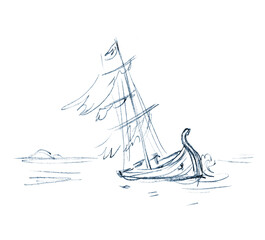 Lost bible risk roman navy pirate galleon deck mast splash lake go bottom problem coast nature white sky text space. Sailor man Paul sos help save life biblical story hand drawn sketch line art symbol