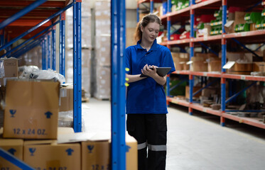 Fototapeta na wymiar Distribution warehouse worker using digital tablet checking inventory storage on shelf. Female inventory supervisor or logistic engineer working at storage room in storehouse. Goods supply management