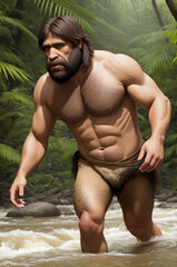 homo sapiens neanderthalensis prehistoric man illustration, generative ai