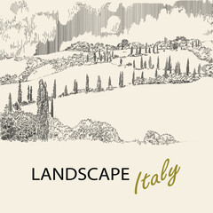 Rural Italian landscape in panoramic format . Hand-drawn illustration in the style of engraving.
