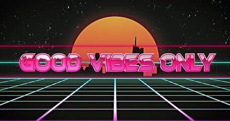 Animation of good vibes text banner over neon grid network in seamless pattern and cityscape - Powered by Adobe