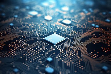 Computer technology image with circuit board background, ideal for various topics related to computers and AI. Photo generative AI