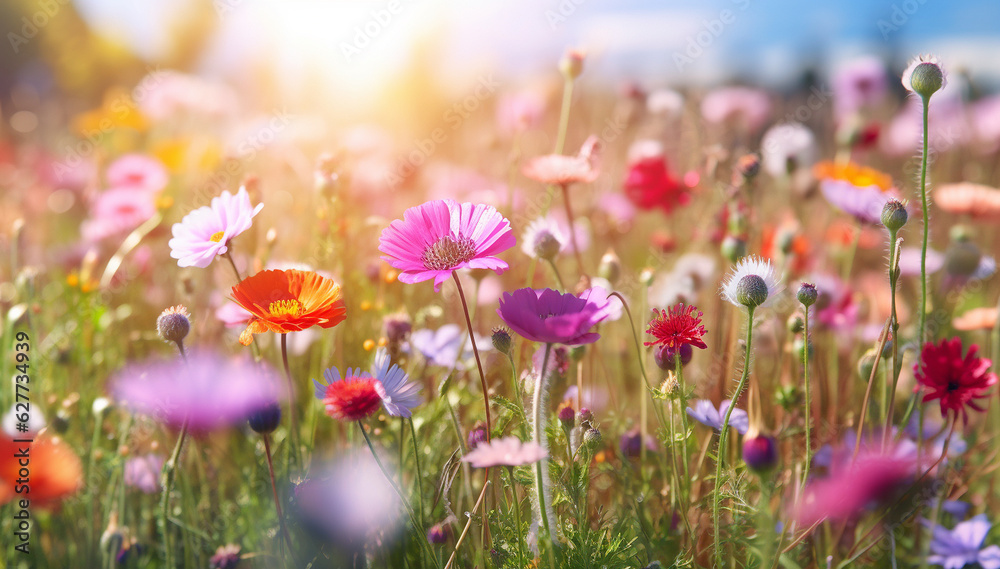 Wall mural A beautiful spring flower field summer meadow. Natural colorful landscape with many wild flowers of daisies against blue sky. A frame with soft selective focus. Magical nature background