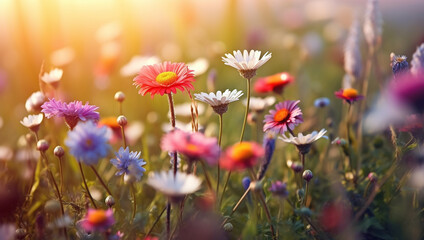 A beautiful spring flower field summer meadow. Natural colorful landscape with many wild flowers of daisies against blue sky. A frame with soft selective focus. Magical nature background