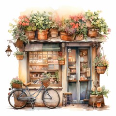 Fototapeta na wymiar watercolor illustration of a tea stall and window boxes