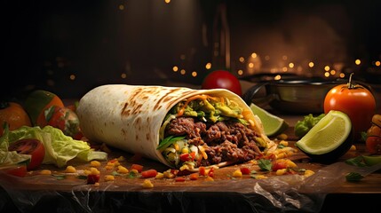 full of burritos with vegetables and meat on a wooden table with blurred background - obrazy, fototapety, plakaty