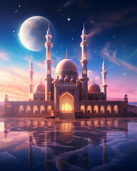 mosque at sunset illustration with mandala art style, create using generative AI