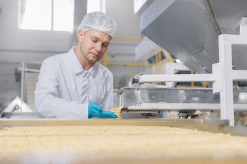Worker man control quality product on automatic conveyor belt for transporting cedar nuts. Concept...