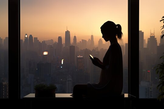 Woman using smartphone near cityscape. Photo generative AI