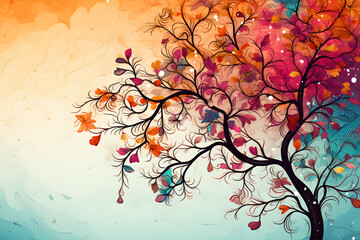 Colorful tree with leaves on hanging branches illustration background. Ebru style