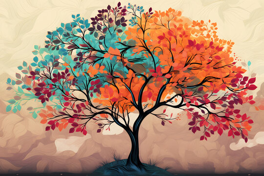 Colorful tree with leaves on hanging branches illustration background. Ebru style