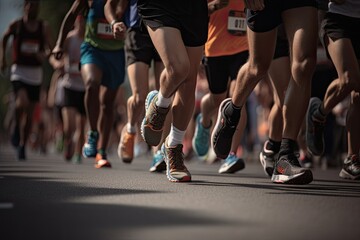 A group of sports runners participate in a difficult marathon race, close-up of the legs running on...