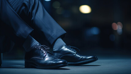 a man wearing black shoes and a pair of grey socks sat confidently