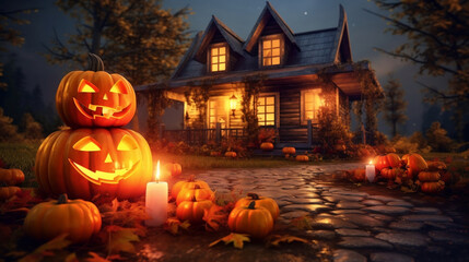 Haunted house decorated with spooky jack o'lantern carved pumkins, glowing candles, place for trick or treating on Halloween night, with copy space.