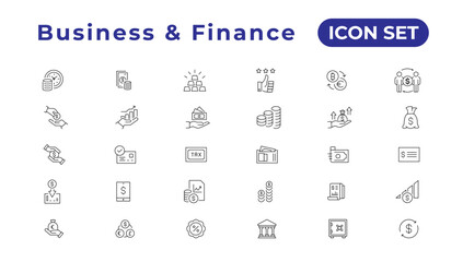 Finance icon set. Containing loan, cash, saving, financial goal, profit, budget, mutual fund, earning money and revenue icons