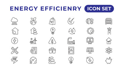 Energy efficiency icon set. Calculator, energy-saving light bulb, piggy bank, solar panel, circular economy, battery, home insulation, energy class vector illustration