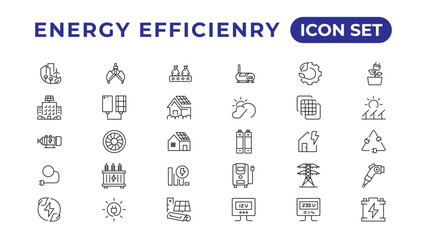 Energy efficiency icon set. Calculator, energy-saving light bulb, piggy bank, solar panel, circular economy, battery, home insulation, energy class vector illustration