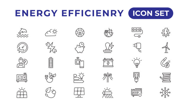 Energy efficiency icon set. Calculator, energy-saving light bulb, piggy bank, solar panel, circular economy, battery, home insulation, energy class vector illustration