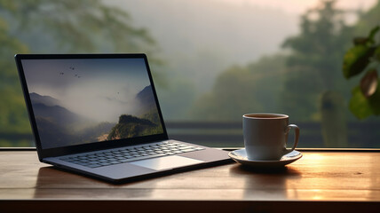 The laptop and coffee on the table blend with the misty mountain scenery in the background