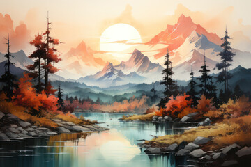 Watercolor beautiful mountains at sunset. AI generative.