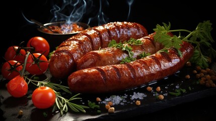 Grilled sausage with melted barbeque sauce on a black and blurry background - obrazy, fototapety, plakaty